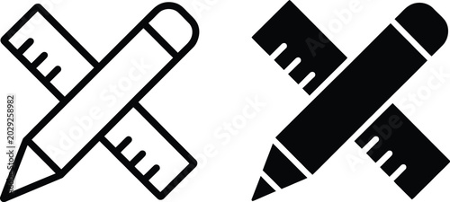 Pencil and ruler icon vector illustration for education tools, creative design projects, and drafting interface applications.