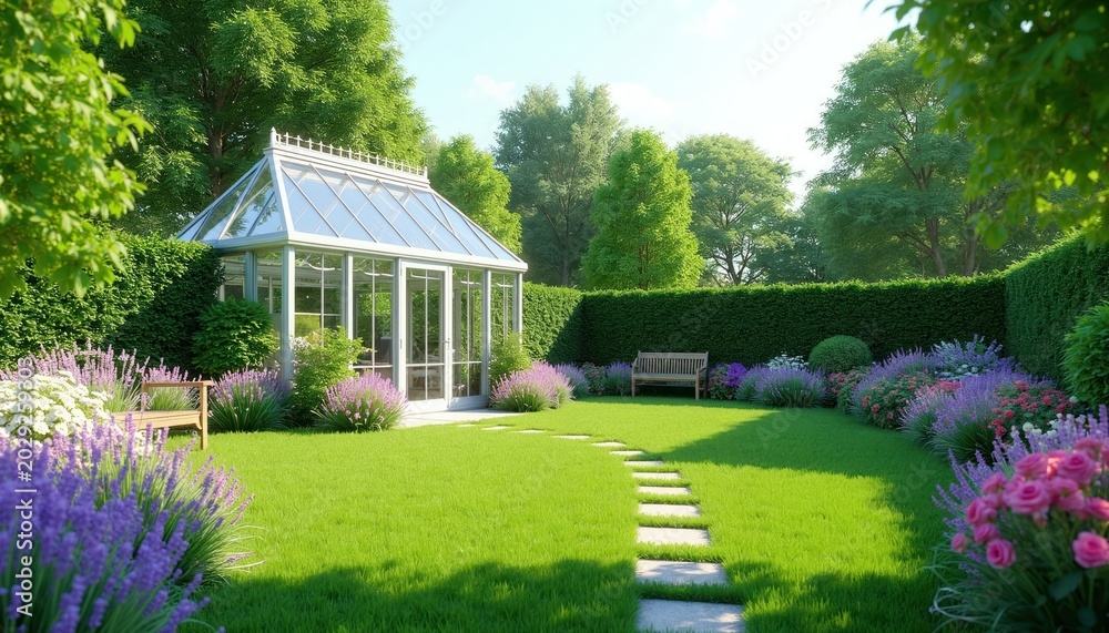 Obraz premium Lush green garden with greenhouse, flowering plants, and stone path. Wooden benches offer rest in sunny, manicured outdoor space. Peaceful backyard oasis.