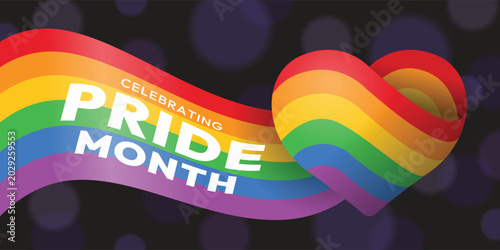 Celebrate pride month - Long waving rainbow lgbtq flag rolling to heart shape on black bokeh light background vector design