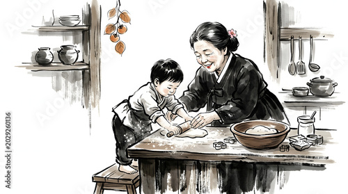 Mother and child preparing food together in a rustic kitchen, traditional Korean clothing, warm atmosphere