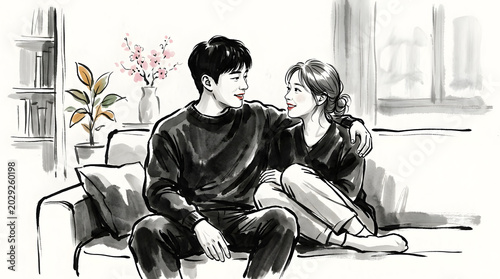 Young couple embracing on sofa in cozy indoor setting with soft natural light
