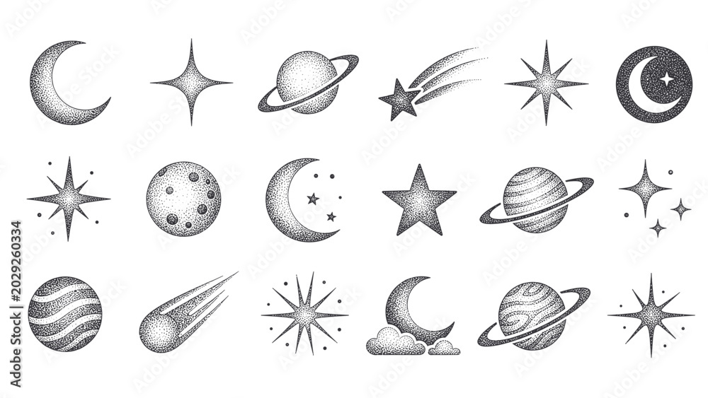 Obraz premium Collection of celestial bodies and cosmic elements in a stippled art style