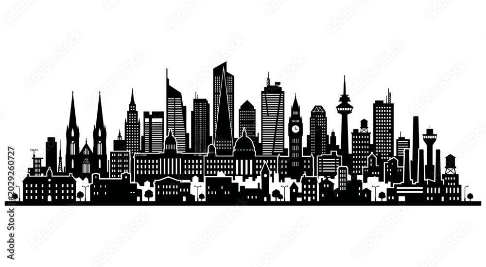 Obraz premium Classic urban skyline silhouette. Graphic silhouette of city skyline featuring church architecture alongside modern skyscrapers and urban towers. Vector illustration.