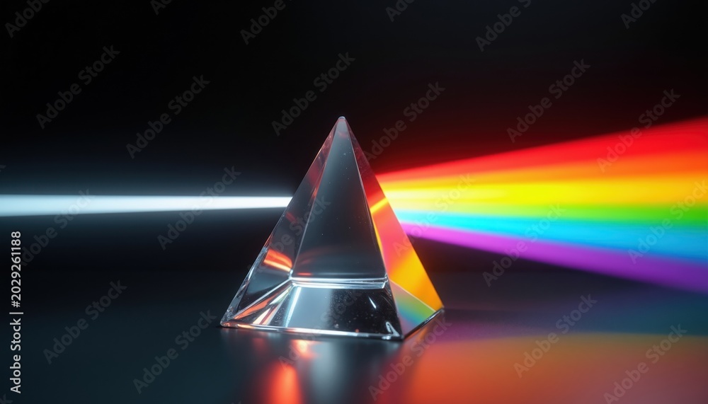 Fototapeta premium Glass prism splits white light into vibrant rainbow spectrum on dark background. Optical science experiment refraction creates colorful bands. Physics, creativity, education, and vision concepts.