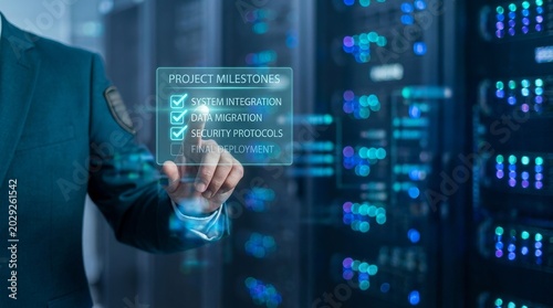 It specialist in formal suit touching virtual project milestones checklist interface in front of server room background with system integration and data security