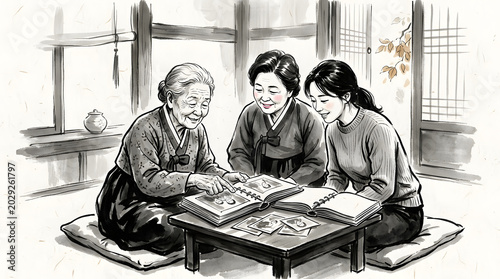 Elderly woman and two young women playing board game together indoors
