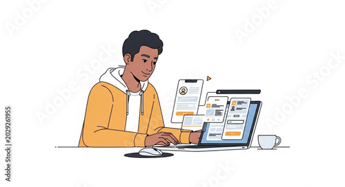 Young man working on laptop computer with documents and charts.