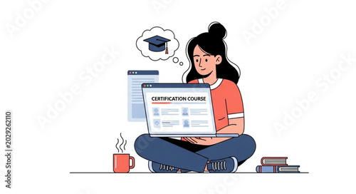 Young woman studying online with laptop and graduation cap thought bubble.