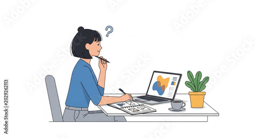 Young woman thinking while working on a graphic design project at her desk.