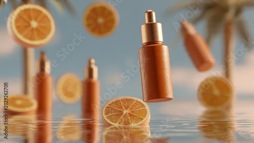 Floating Citrus Scented Serum Bottles with Orange Slices in Tropical Reflection Setting for Skincare Concept
