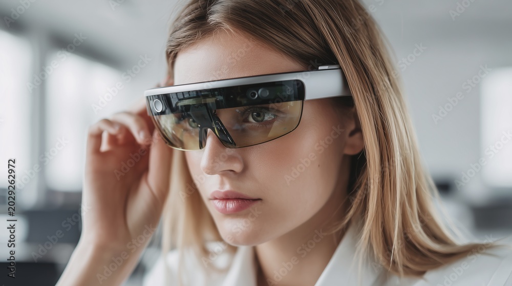 Naklejka premium Professional woman using augmented reality glasses during virtual business meeting, sleek modern office, ultra realistic lighting