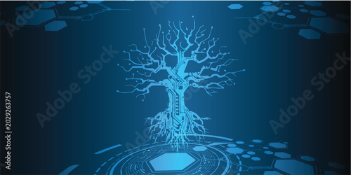 Digital tree of life with circuit board patterns and technology elements
