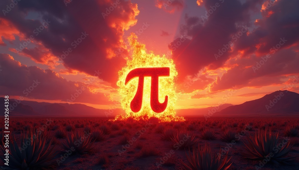 Fototapeta premium Red pi symbol burns brightly in desert landscape at sunset. Dramatic clouds and mountains form background. Fiery glow illuminates arid terrain.