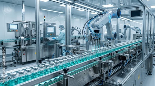 Automated pharmaceutical production line in sterile laboratory with robotic arms filling glass vials on conveyor belt for vaccine manufacturing and medical science