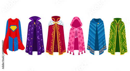 Colorful capes for fantasy and superhero characters. Collection of vibrant cartoon capes, featuring superhero, wizard, royal, and magical designs. Vector illustration.