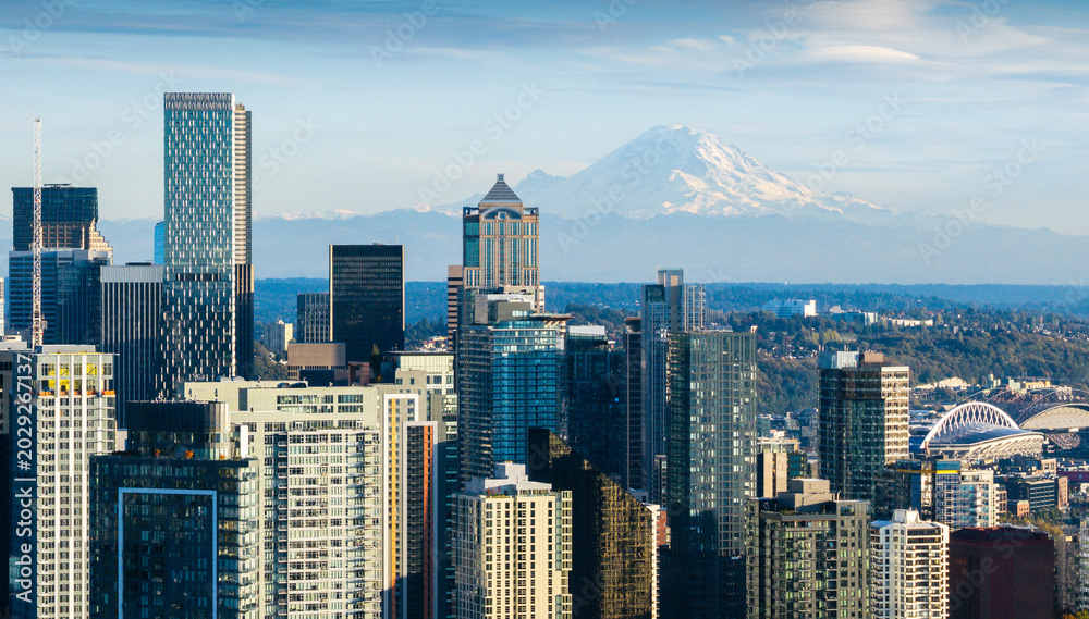 Obraz premium Aerial view of the Seattle Space Needle skyline, a city of skyscrapers, in the United States.