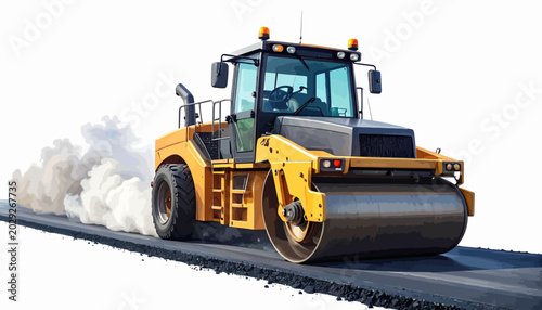 Heavy yellow road roller compacting fresh asphalt on a new road, vital for infrastructure construction and smooth transportation, showcasing efficient industrial machinery