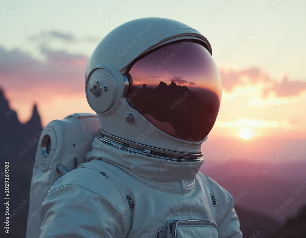 Fototapeta premium Astronaut helmet reflects alien planet landscape. Space explorer views mountain terrain at sunset. Solitary figure wears white suit, faces unknown world. Muted sky, pink clouds, distant sun.