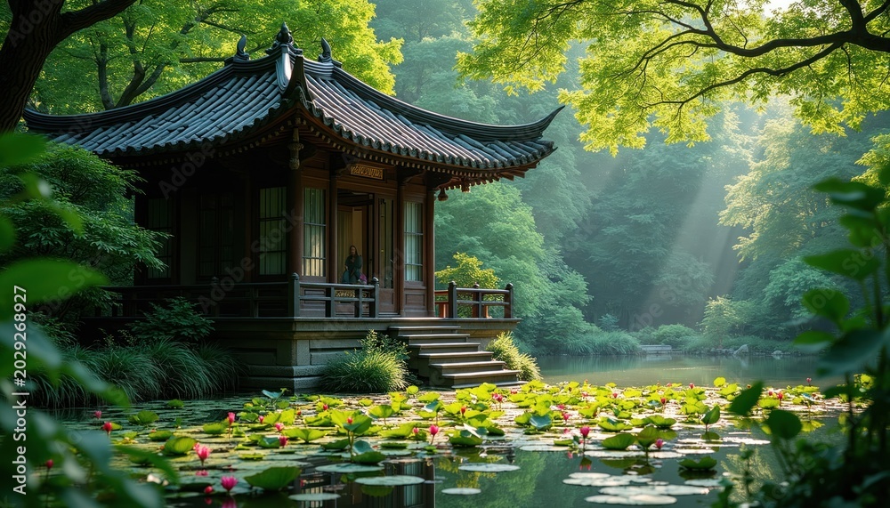 Fototapeta premium Traditional asian pavilion structure near water pond with lotus flowers and green plants. Sun rays break through trees. Peaceful garden offers quiet nature escape.