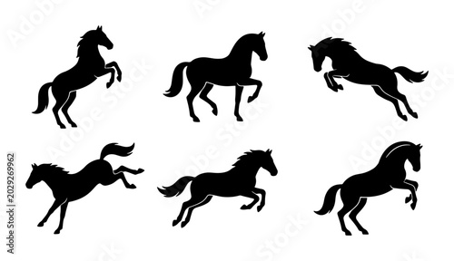 Photos Six Silhouette Horse Vector Icons, Dynamic Equine Poses, Black Animal Graphics f