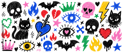 Whimsical doodle pattern featuring skulls, cats, hearts, and lightning bolts