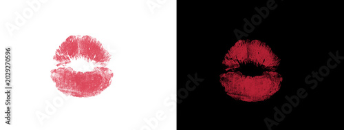 Tableau sur toile Classic Red Lipstick Kiss Mark with Full Closed Lips on White and Black Split Ba