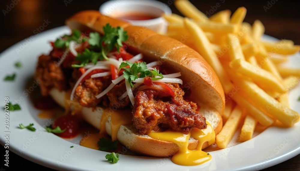 Fototapeta premium Juicy bbq chicken sandwich on bun with melted cheese, french fries served on white plate. Delicious street food, casual lunch meal, savory snack.