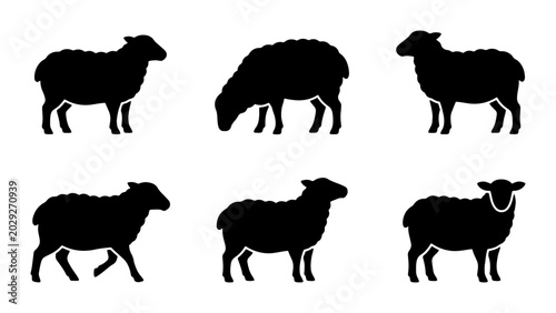 Fotografia Six Black Sheep Silhouettes, Farm Animal Icons, Livestock Vector Graphics, Rural