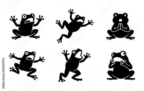 Tableau sur toile Set of Six Black Frog Silhouettes, Expressive Amphibian Poses, Vector Icons for