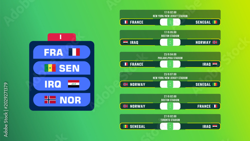 World Soccer Football Championship Group I Stage Fixtures Schedule Vector Illustration