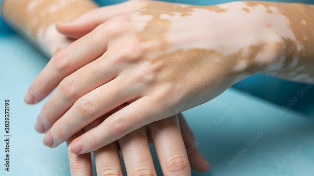 Fototapeta premium Close-up on a person's hands with vitiligo, showing skin depigmentation with white patches against a blue background, highlighting the diverse nature of skin conditions and personal well-being