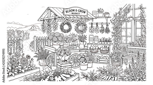 Cuadro en lienzo Vintage flower market coloring page vector, rustic bloom and grow market stall w