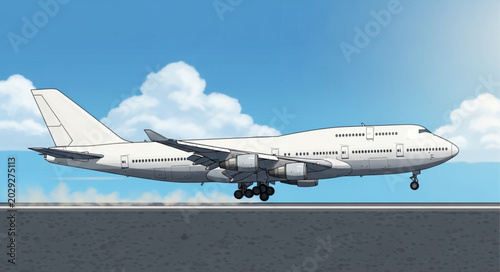 Bild auf Leinwand White Jumbo Jet Airplane Taking Off on Runway Under Blue Sky.