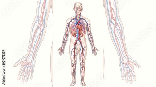 Comprehensive anatomical depiction of the human body's vascular and organ systems, highlighting the intricate network of blood vessels, heart, and kidneys