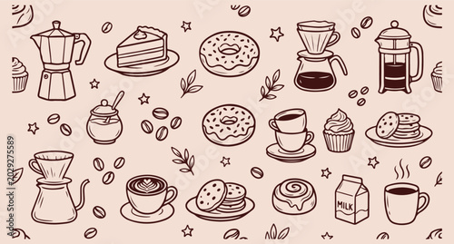 Tableau sur toile coffee shop pattern, morning caffeine break, espresso mocha latte, donut pastry