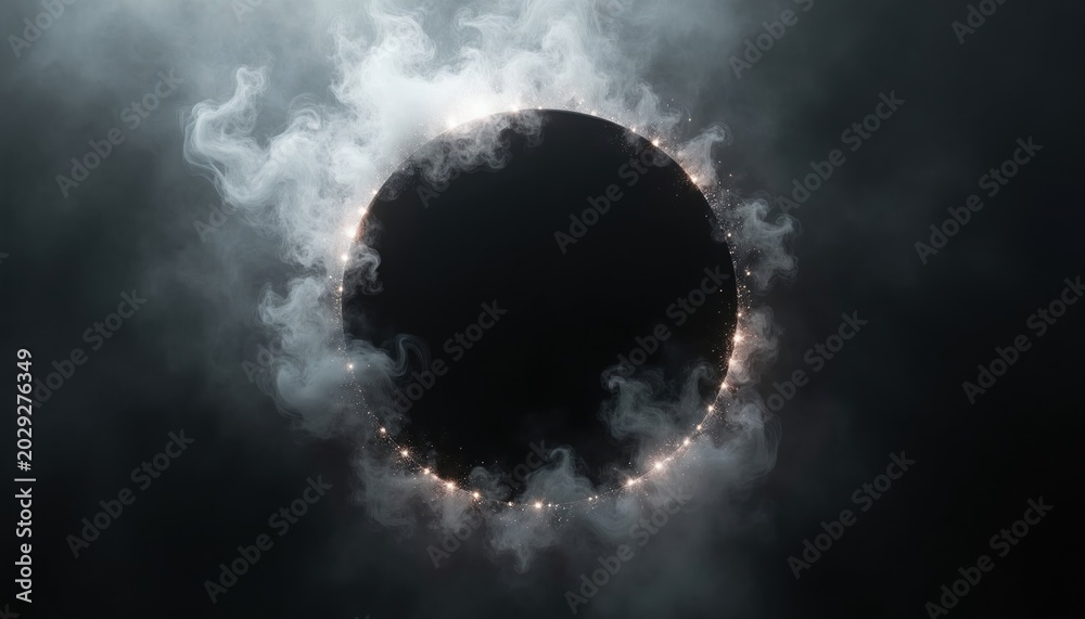 Naklejka premium Black circle surrounded by smoky wisps and glowing embers. Abstract, dark background with swirling mist and light particles. Cosmic event, mysterious atmosphere, or gateway.