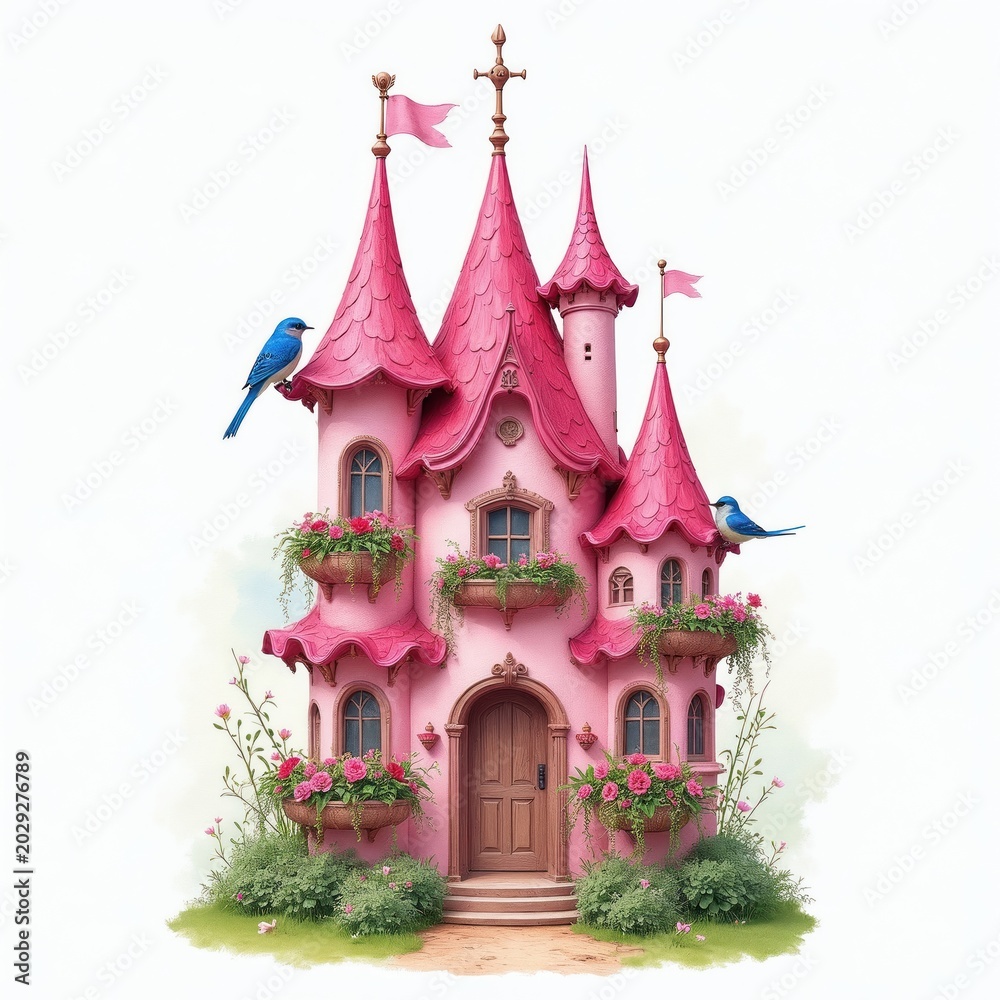 Obraz premium Pink fairytale castle with towers, turrets, balconies, flowers, and blue birds. Whimsical structure in garden setting with grass and plants. Enchanting dream home.