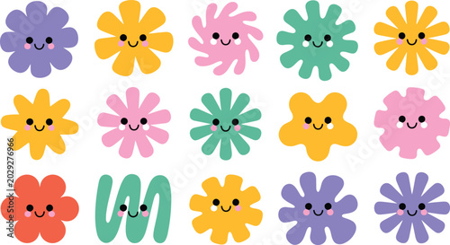 Cute kawaii flowers vector set pastel floral graphics for children's designs