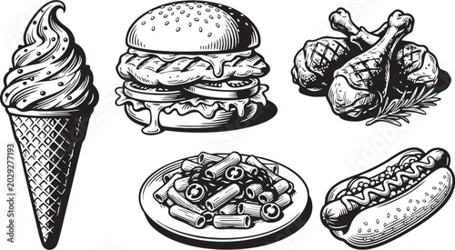 Schilderij op canvas Fast food collection featuring a burger hot dog ice cream cone pasta and fried c