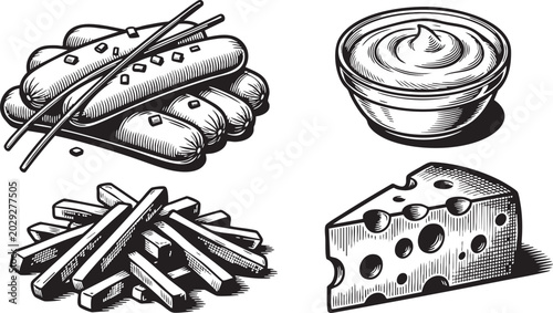 Obraz na plátně Sausages fries cheese and sauce dip set presented as a collection of detailed bl