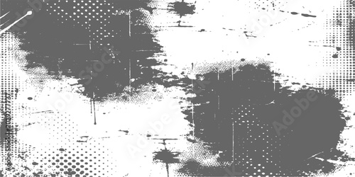 Photos Distressed grunge texture with abstract splatters and halftone dots, creating a gritty and retro aesthetic