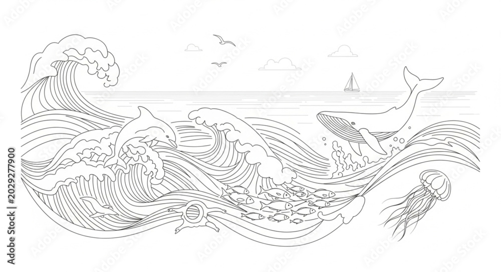 Fototapeta premium Whale swimming in a wave made of text.