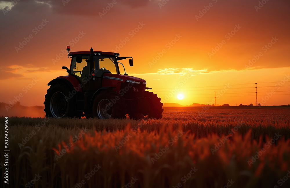 Fototapeta premium Red tractor works in golden wheat field at sunset. Agricultural machine harvests crop under bright orange sky. Rural landscape, dusk light, nature scene, farming operation in countryside.