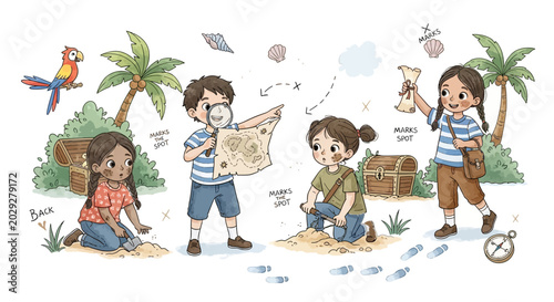 Children on treasure hunt with map and shovel on beach