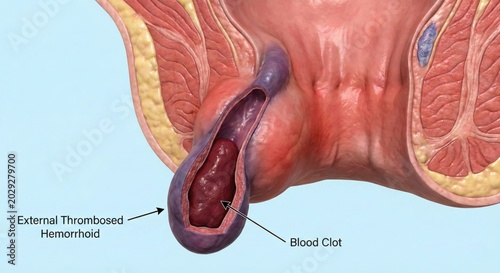 Hemorrhoid thrombosis medical illustration features enlarged external vein containing dense thrombus with surrounding inflammation and vascular congestion, clinical education render