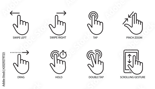 Touch screen gesture icons for mobile device user interface. Vector illustration