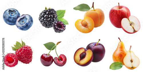 Set collection of delicious ripe fruits and berries, isolated on transparent background PNG, template, mockup, cut out. Apple, blackberry, pear, cherry, apricot, blueberry, plum, and raspberry