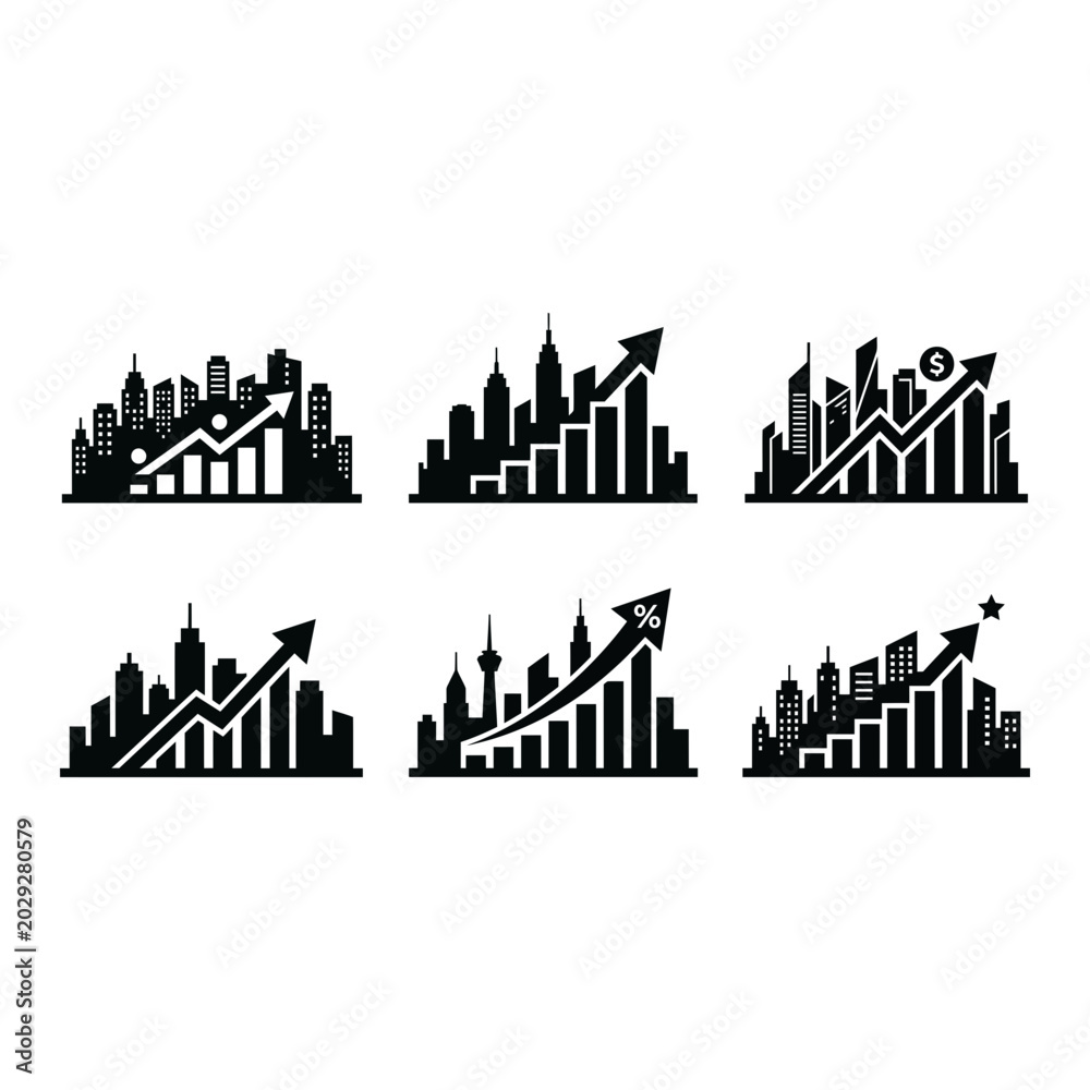 Fototapeta premium City Skyline Growth Charts, Financial Progress Icons, Business Success Arrows, Urban Development Vectors