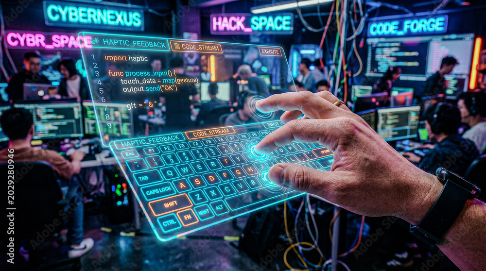 Obraz premium Fingers interacting with glowing holographic keyboard in cyber cafe