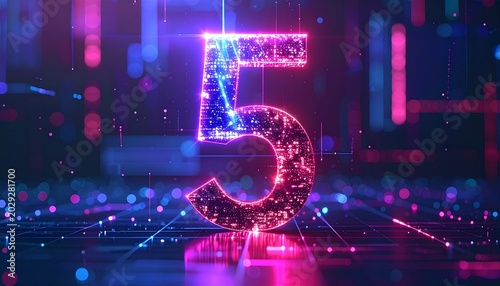Glowing neon number five shines brightly on a futuristic digital background with vibrant purple and pink lights.